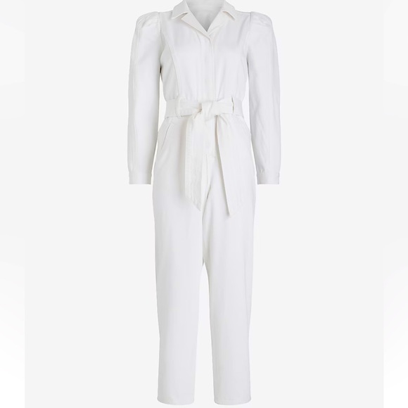 NWT Express Puff Sleeve Tie Waist White Denim Jumpsuit - Picture 3 of 9